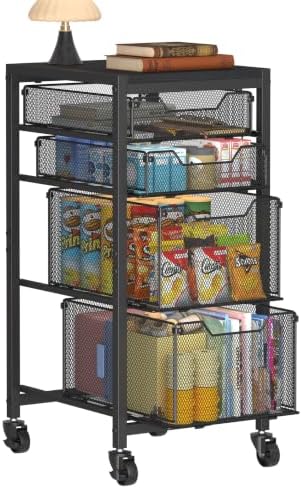 Rolling Storage Cart with Drawers, Under Desk Storage with Wooden Tabletop & Lockable Wheels, 4-Tier Storage Drawers for Bathroom, Craft, Office, Black