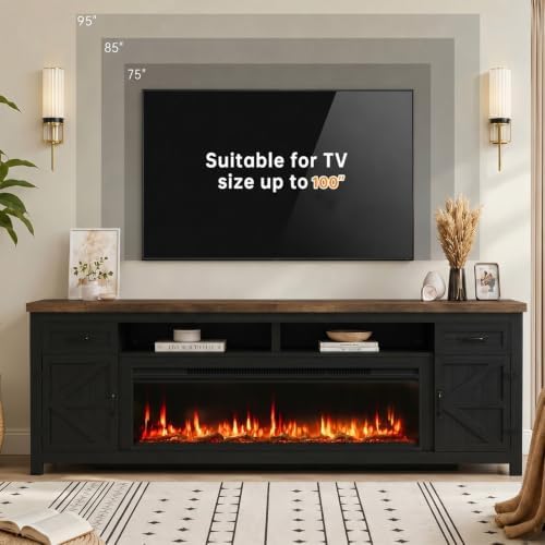 Fireplace TV Stand with Barn Door, 95 inch, Modern Black