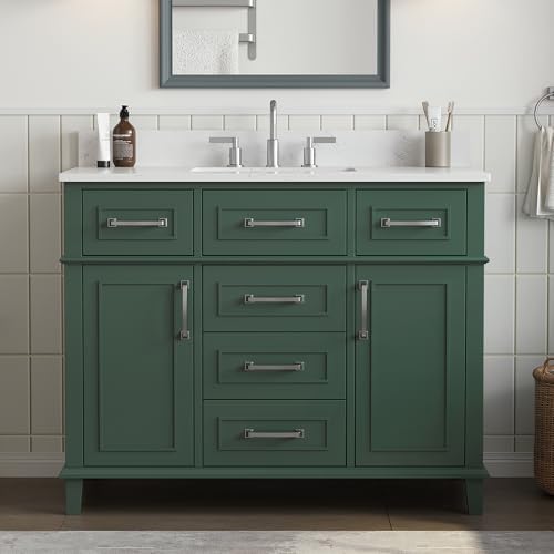 42 Inch Green Bathroom Vanity with Sink, Pre Assembled | Freestanding Solid Wood Bathroom Vanities with 2 Soft Close Doors & 5 Dovetail Drawers, 0.78" Stone Top, Backsplash