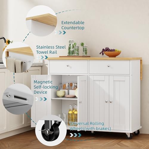 Shintenchi Kitchen Island with Drop Leaf, Rolling Kitchen Cart with Storage on Wheels, Table Bar Cart for Kitchen with Towel Rack & Seating Area for Dining Room, White