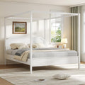 LUMISOL Queen Size Wood Canopy Platform Bed with Headboard, Vintage Four-Poster Platform Beds with Slat Support and Under-Bed Storage Space, 4 Corner Canopy Bed Post Frame, Creamy White