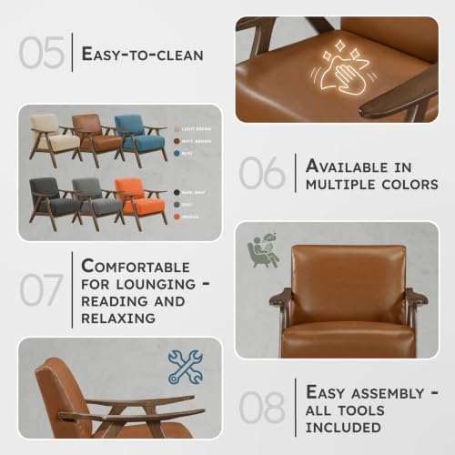 Lexicon Faux Leather Accent Chair with Walnut Wood Frame, Brown