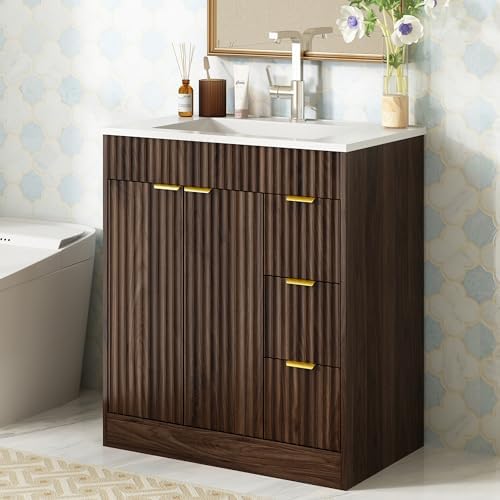 CARPETNAL 30 Inch Bathroom Vanity with Sink, Walnut. | Modern Fluted Bathroom Vanity with Sink with Storage Cabinet, Adjustable Shelf and 2 Soft Closing Doors & 3 Drawers.