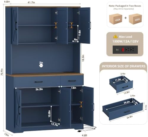 HOSTACK 71" H Kitchen Pantry Storage Cabinet, Farmhouse Hutch Cabinet, Blue