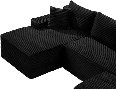 95-Inch U-Shaped Left Facing Corner Compressed Sofa Modular Sectional Boneless Cloud Sofa Floor Foam Couch W/Chaise Lounge & Ottoman, Corduroy Corner Boneless Cloud Couch