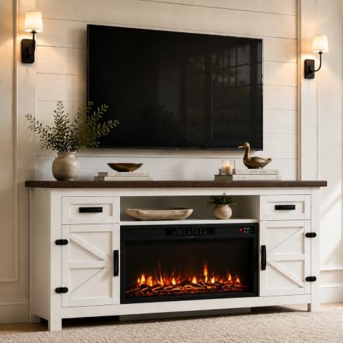 Fireplace TV Stand with Barn Door, 70 inch,White&Black