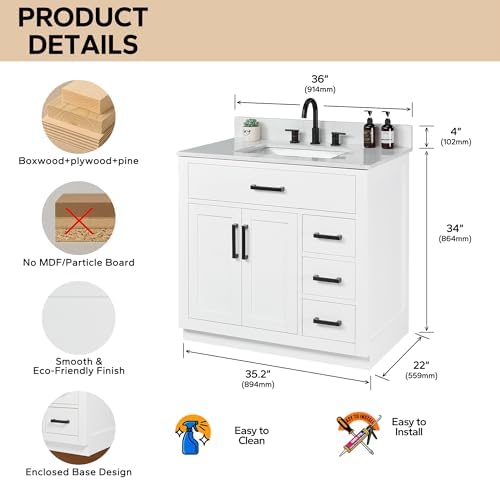 36-inch White Bathroom Vanity with Sink, Solid Wood, 0.79-inch Stone Countertop and Backsplash, 4 Drawers, 2 Soft Closing Doors