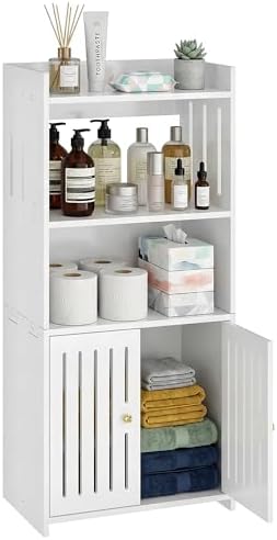 HAYOFAMY 4-Tier Bathroom Storage Cabinet 8.7" D x 14.2" W x 29.5" H | White Floor Cabinet, Freestanding Organizer with Door, for Living Room Kitchen Small Space, PVC Material
