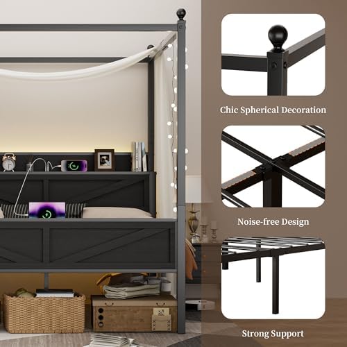 Canopy Bed Frame Full Size with Storage Headboard, Black