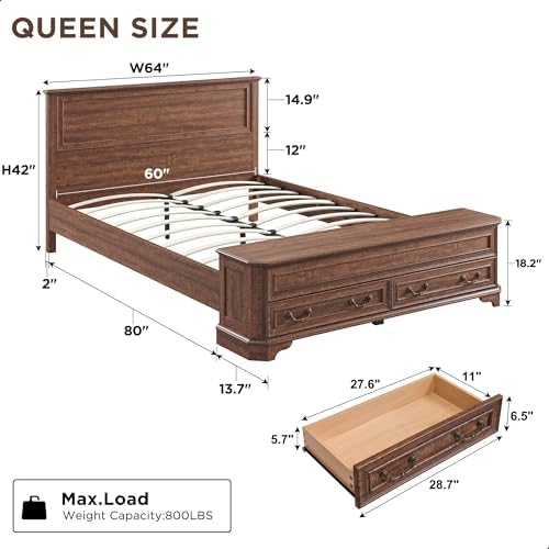 T4TREAM Farmhouse Queen Bed with Headboard and Storage Bench, Dark Brown
