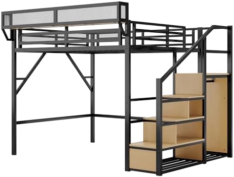 KEIKI Queen Size Metal Loft Bed Frame with Convertible Staircase, Built-in Storage Shelves and Wardrobe, Loft Bed with Solid Slats, Guardrail, No Box Spring Required, Easy Assembly, for Bedroom, Black