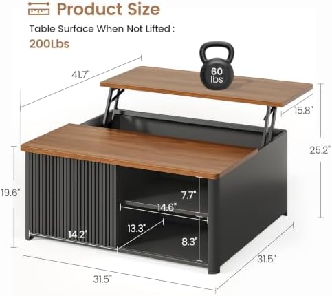 SEDETA 31.5" Lift Top Coffee Table with Storage, Square Coffee Tables for Living Room, Fluted Coffee Table with Large Hidden Storage Compartment and Adjustable Shelves, Fluted Black