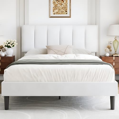 VECELO Full Size Bed Frame with Upholstered Headboard, Pure White