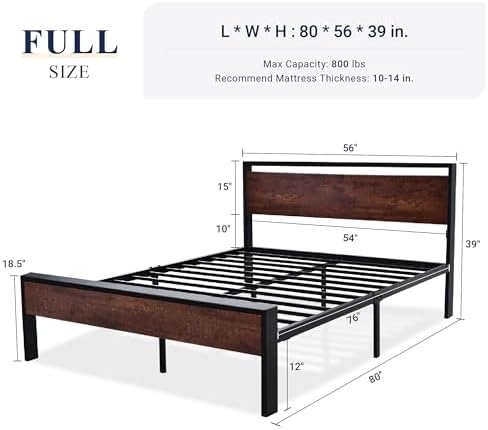 Allewie Full Size Bed Frame, Heavy Duty 12 Metal Slats Support, Mahogany