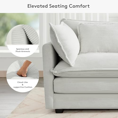 ROWHY 113'' Modular Sectional Cloud Couch, 5 Seater Corner Sofa Big Comfy Corduroy Oversized L Shaped Couch with 2 Pillows, Ottoman, Deep Seat Sectional Couches for Living Room, Light Grey