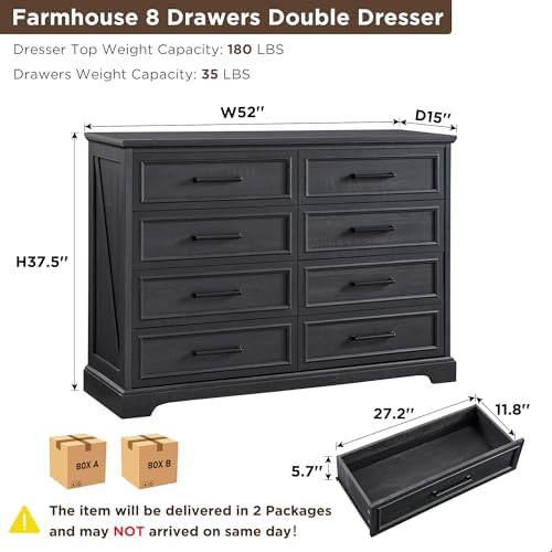 ACCOHOHO Farmhouse 8 Drawers Dresser Chests for Bedroom, Black
