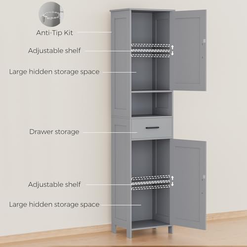 Homhedy 67" H Tall Bathroom Storage Cabinet with Barn Doors and Drawer | Narrow Storage Unit with Adjustable Shelves, Floor Cabinet for Bathroom, Living Room, Entryway or Kitchen, Gray, 15.7" W