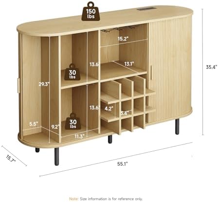 ONBRILL 55" Fluted Wine Bar Cabinet with LED Light Oak