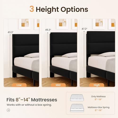 GRUSIGN Twin Size Platform Bed Frame with Velvet Headboard, Adjustable Height Wooden Slats Support, Upholstered Mattress Foundation, Fits Mattress or Mattress with Box Spring, Easy Assembly, Black