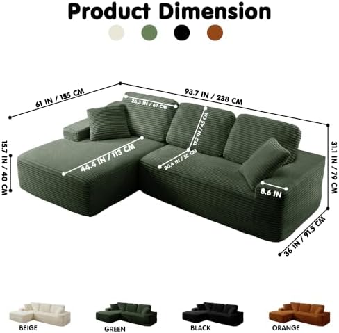Modular Sectional Sofa, Convertible Sofa Bed, No Assembly Required Cloud Couch with Deep Seat, Modern L-Shaped Boneless Sofa for Living Room (Green)