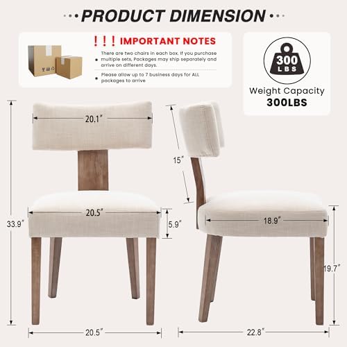 HNY Mid Century Modern Dining Chairs Set of 6, Upholstered Linen Kitchen & Dining Room Chairs with Ergonomic Curved Backrest, Solid Wood Legs, Farmhouse Accent Chair for Home, Apartment, Beige
