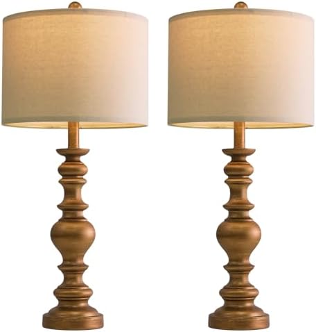BOBOMOMO 27" Antique Gold Table Lamps Set of 2, Elegant Large Resin Lamps with Linen Shades, Gold Traditional Lamps for Bedroom, Living Room, or Console Table, Classic Vintage Décor