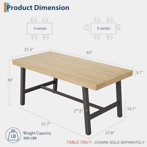 Garvee 63" Industrial Kitchen Table, 6 Seater Dining Table, Natural