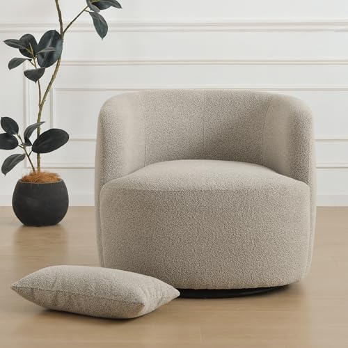 KINWELL 34" W Sherpa Swivel Barrel Accent Chair with Pillow, Taupe Gray