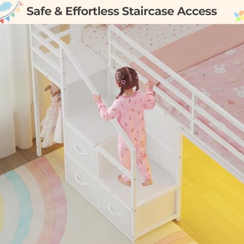 BTHFST Low Loft Bed Twin Size with Stairs, Desk, 6 Storage Drawers, White