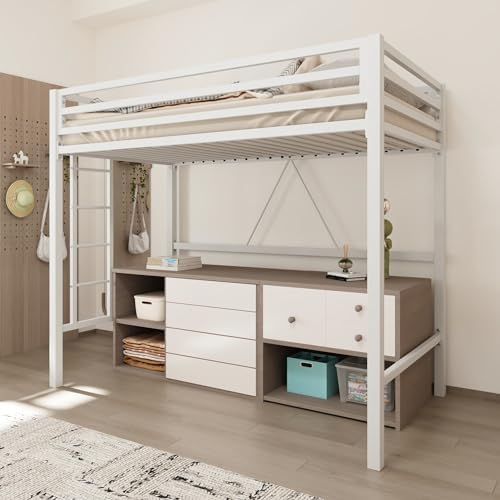 Allewie Metal Loft Bed Twin Size with Guardrail and Ladder,White