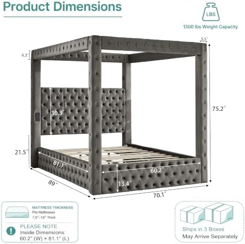 LUMISOL Canopy Bed Frame Queen Size, Velvet Upholstered Platform Bed with Button Tufted Headboard, Four Posters, Built-in Speaker and Charging Station, Heavy Duty Mattress Foundation, Grey