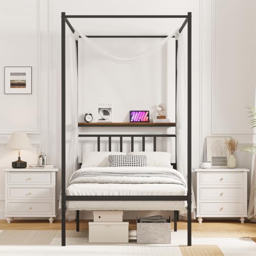 Twin Canopy Bed Frame with Storage Headboard Minimalist Style 4 Posters Bed