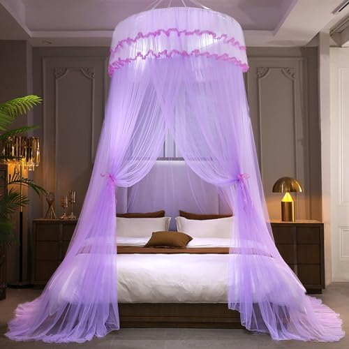 Kertnic Mosquito Net Bed Canopy for Girls, Princess Canopy Bed Curtain Fine Sheer Mesh Dome Bed Canopies, Girls & Adults Lace Tent for Twin Full Queen King Bed (Light Purple)
