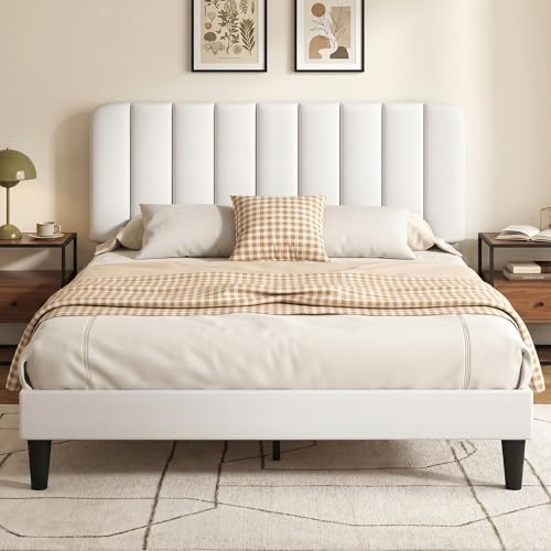 VECELO Full Size Bed Frame with Upholstered Headboard, Velvet Platform Bedframe Mattress Foundation, Strong Wood Slat Support, No Box Spring Needed,White
