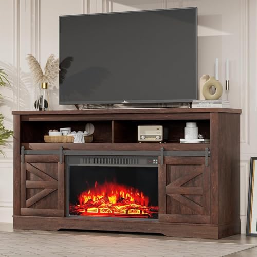 YESHOMY Farmhouse Fireplace TV Stand for TVs up to 65+ Inch, Dark Brown