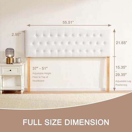Tufted Headboard Full Size, Solid Wood Adjustable Height Head Board, White