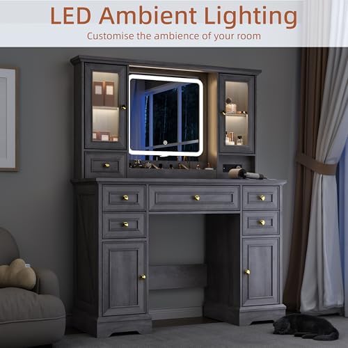 Vanity Desk with Mirror & Lights, Makeup Vanity with Power Outlet & USB Ports, Farmhouse Dressing Table, 6 Drawers & 4 Storage Cabinets, RGB Cabinet Lighting, 3-Color Dimmable Mirror