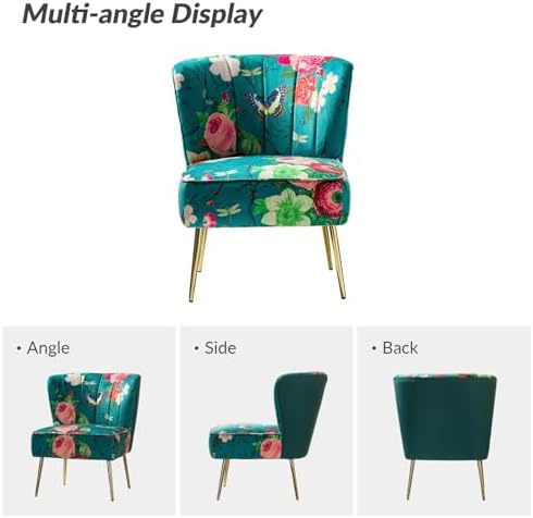 HULALA HOME Accent Chair with Golden Metal Legs, Comfy Tufted Wingback Living Room Chair Floral Fabric Small Armless Side Chair, Upholstered Slipper Chair for Bedroom, Reading Room Flower Print