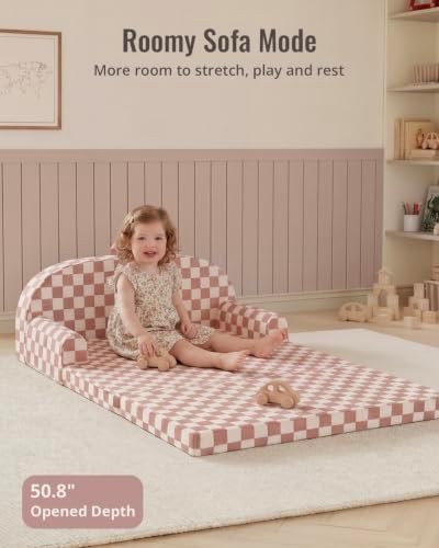 Blissful Diary Foldable Kids Couch, Extra Wide Kids Sofa Chair, Blush Check