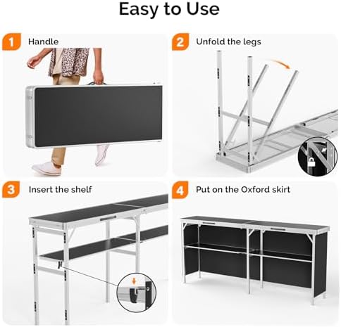 VINGLI 78" Portable Bar Table, 2-Tier Shelves, Mobile Bar Table for Events, Party, Camping, Picnic, Tradeshow, Indoor with Black Skirt (1, 78")