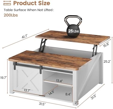 SEDETA 31.5" Lift Top Coffee Table with Storage, Square Coffee Tables for Living Room, Farmhouse Coffee Table with Large Hidden Storage Compartment and Adjustable Shelves, White