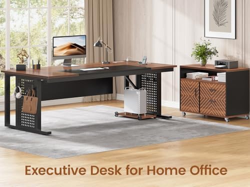 SEDETA 71" Executive Desk with Rolling File Cabinet, Large Office Desk with Drawers, L Shaped Computer Desk with Power Outlets, CPU Stand, Pegboard and Storage Shelves, Brown