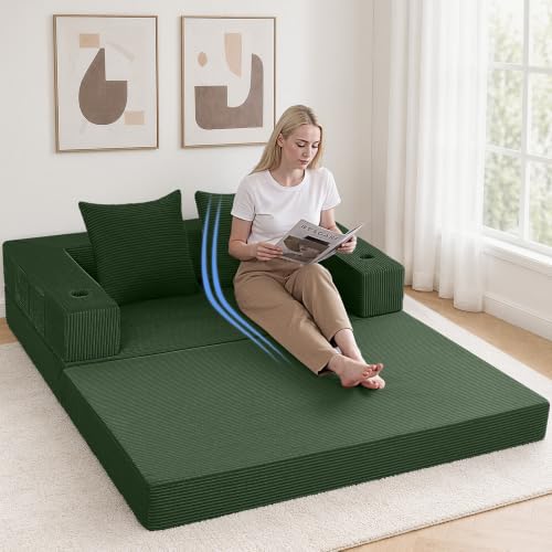 COMAX Boneless Futon Sofa Bed, 59" Small Low-Profile Floor Couch, Green