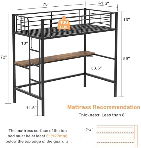 VECELO Loft Bed Twin Size with Desk, Metal Bedframe with Removable Ladder and Safety Guardrail, No Box Spring Needed, Space Saving, Noise Free, Matte Black