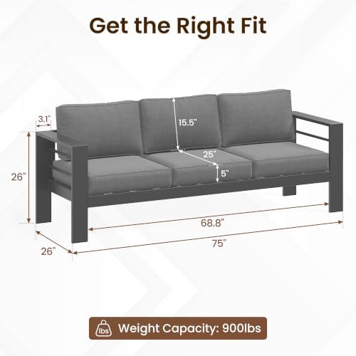 Kiss the Water Aluminum Patio Sofa, 3-Seat Dark Grey Outdoor Couch