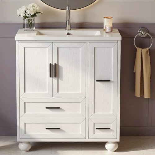LIKIMIO 29.5" Bathroom Vanity with Sink, Hair Tool Drawer, 4 Solid Legs, 4 Drawers 2 Doors, Modern Freestanding Wooden Bathroom Cabinet with Undermount Upgraded SMC Sink, Quick Assembly, White