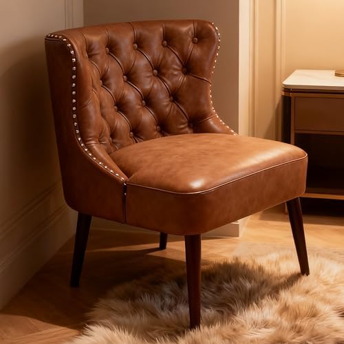 Kmax Accent Chair, Leather Slipper Chair with Button Tufted Wingback, Armless Living Room Chair with Nails Decorative Modern Side Chair for Bedroom Reception Small Space - Pu Brown, Black Legs