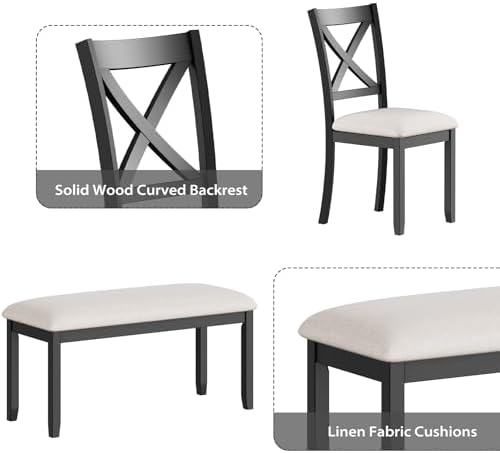 Zevemomo 6-Piece Solid Wood Dining Table Set, Farmhouse Wooden Legs, Black