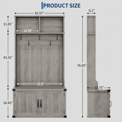 Garvee 77" H Farmhouse Hall Tree with Bench & Shoe Storage, Coat Rack