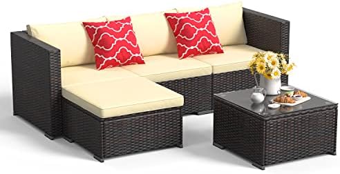 Aiho Patio Furniture Set All Weather Outdoor Sectional Patio Sofa Set with Tempered Coffee Table, for Backyard Porch, Beige